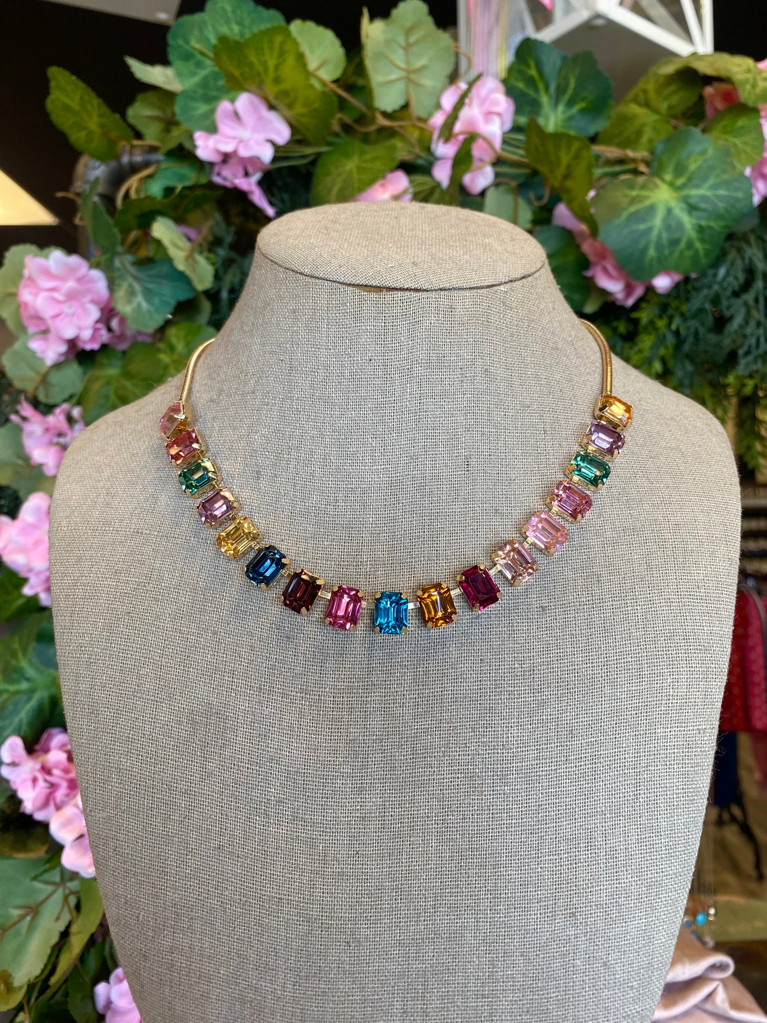 Rainbow Emerald-Cut Gemstone Statement Necklace