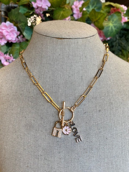 Cluster Charm Lock Flower Love Toggle Necklace