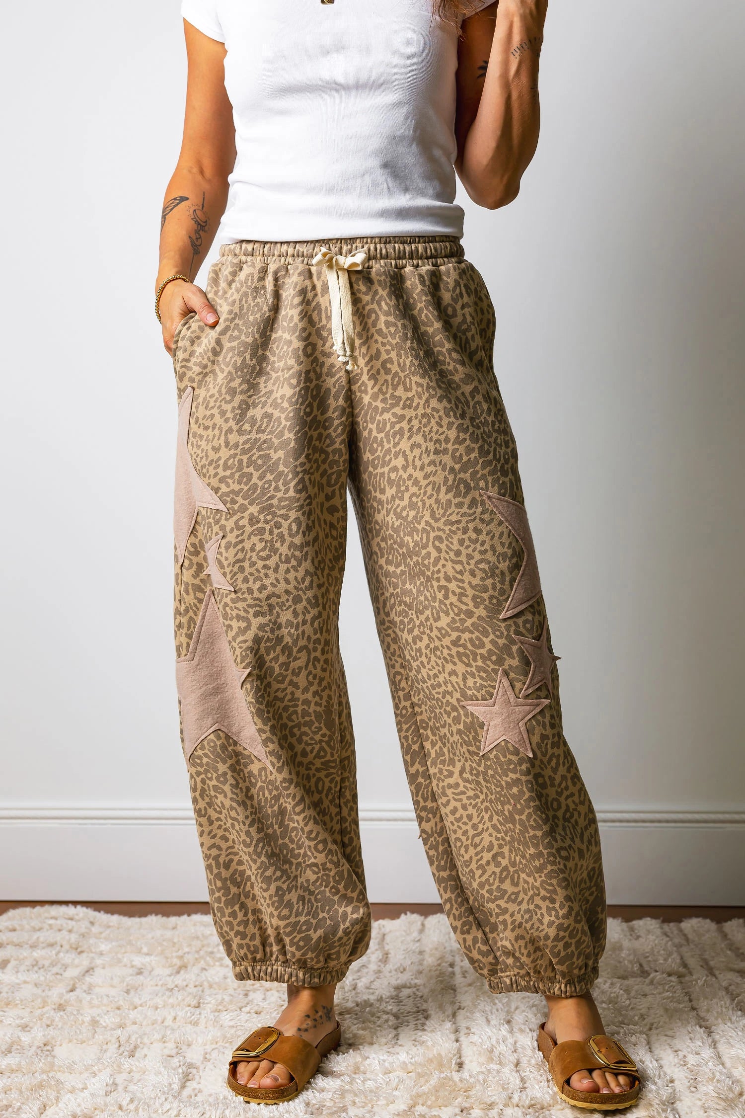 Leopard Print Star Patched Drawstring Elastic Waist Jogger {2 Colorways}